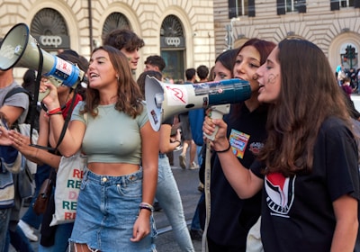 Protestors with megaphones
